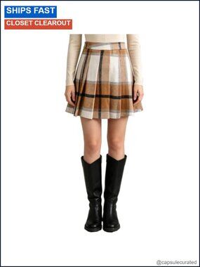 Wool Blend Plaid Pleated Mini Skirt High Waisted A-Line Fall Winter